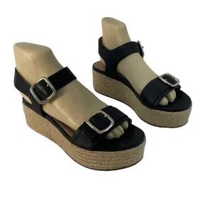 27 EDIT Black Strappy Leather Wedge Sandals Size 8.5 Preowned