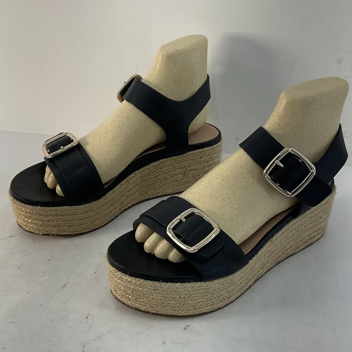 27 EDIT Black Strappy Leather Wedge Sandals Size 8.5 Preowned