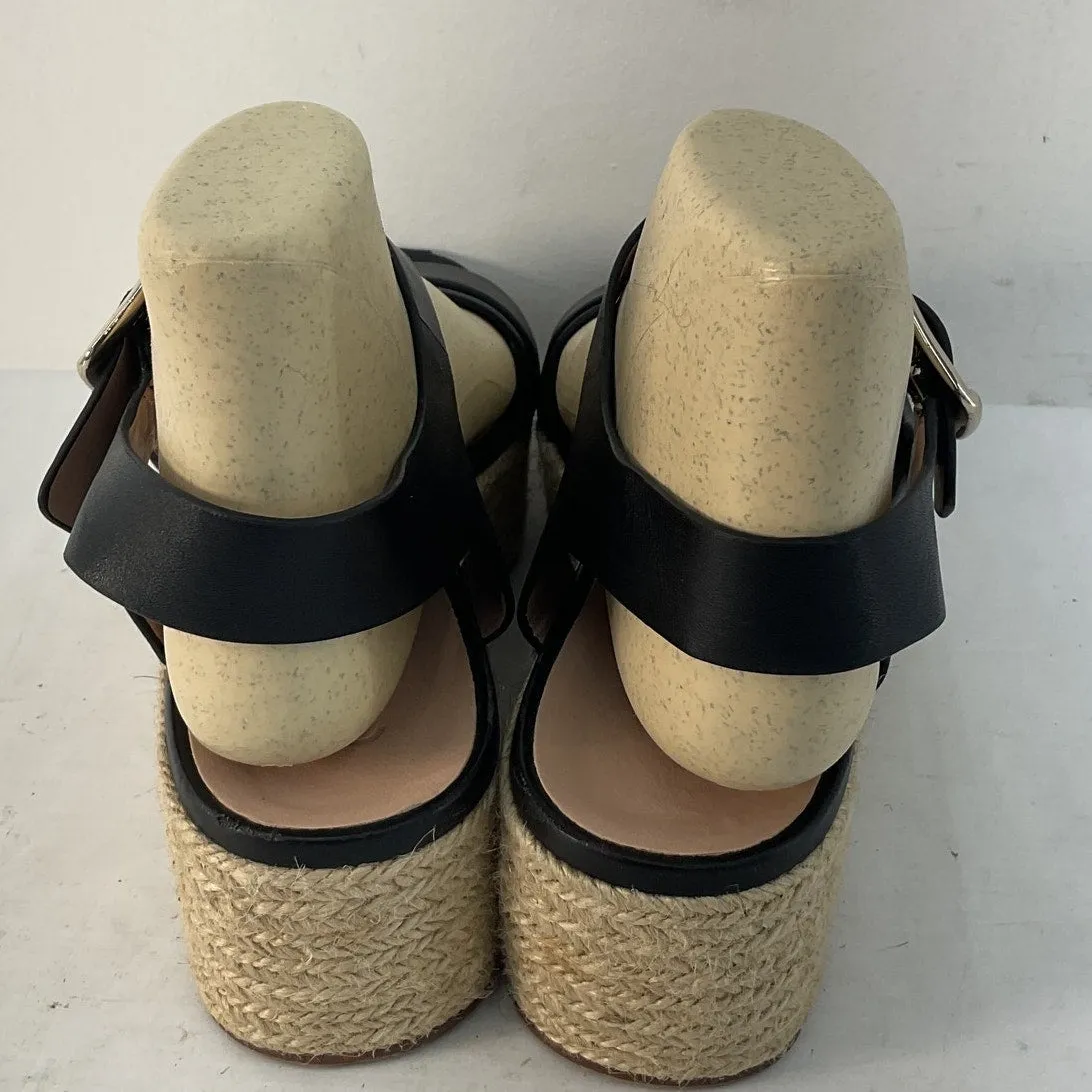 27 EDIT Black Strappy Leather Wedge Sandals Size 8.5 Preowned
