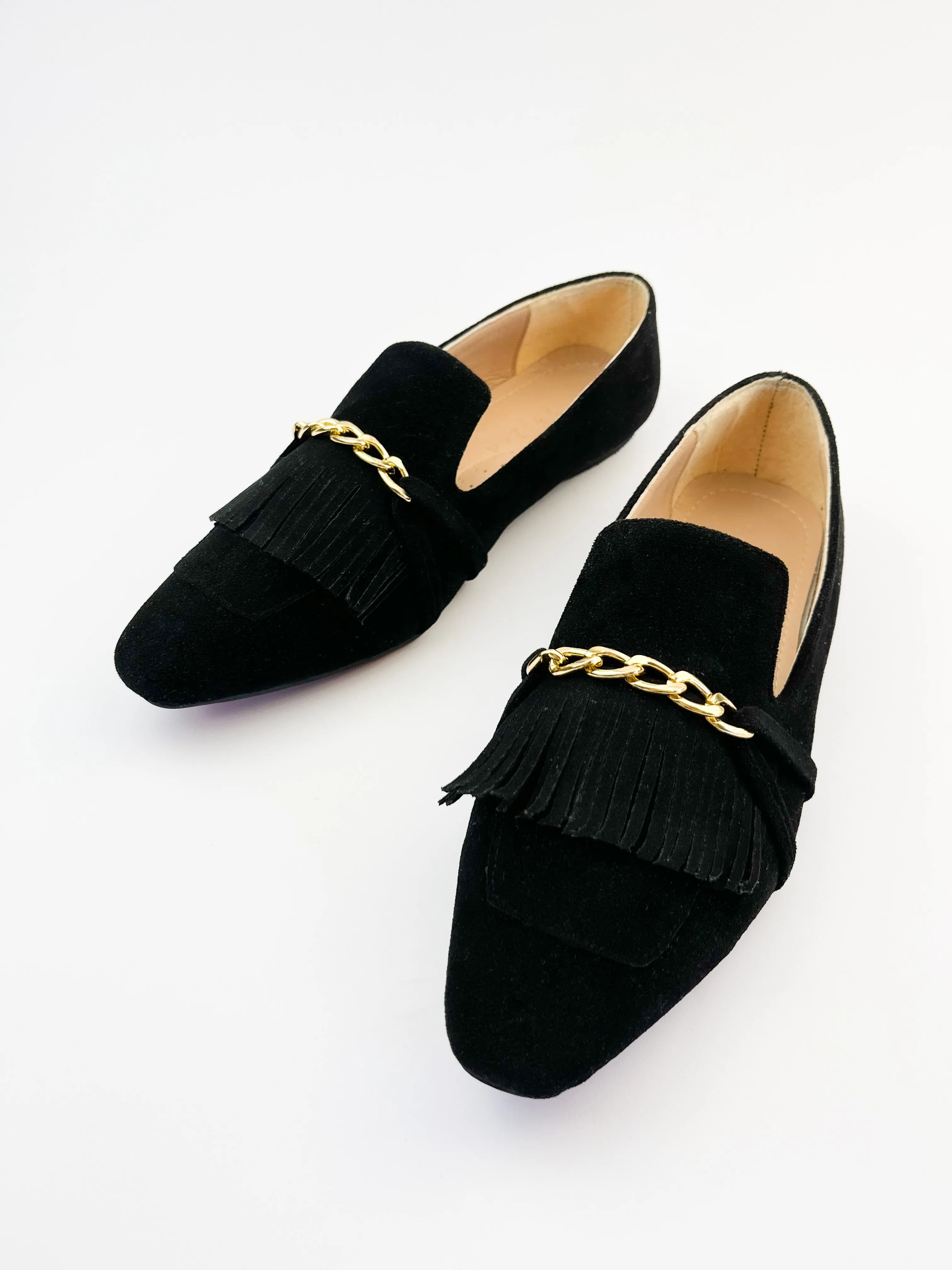 Black Daniela Fringed X Gold Chain Loafers