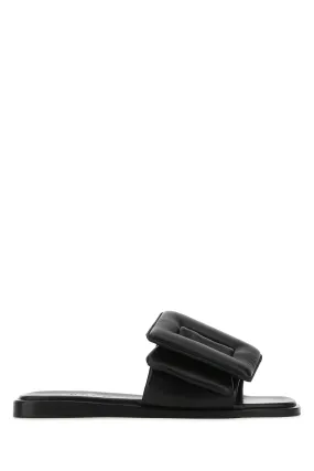 Black leather Puffy slippers