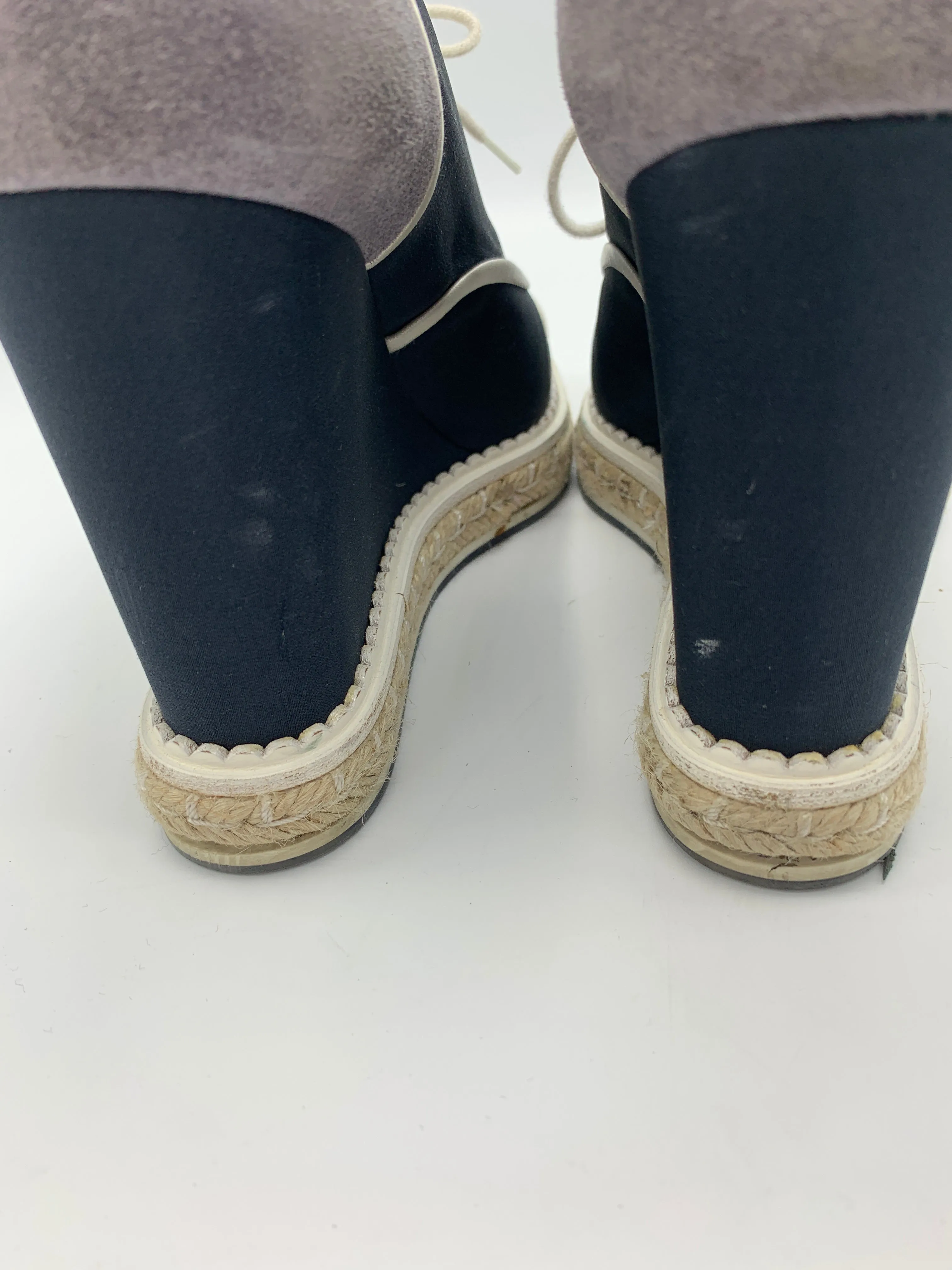 Chanel Lace Up Wedge Espadrille with faux pearl accents
