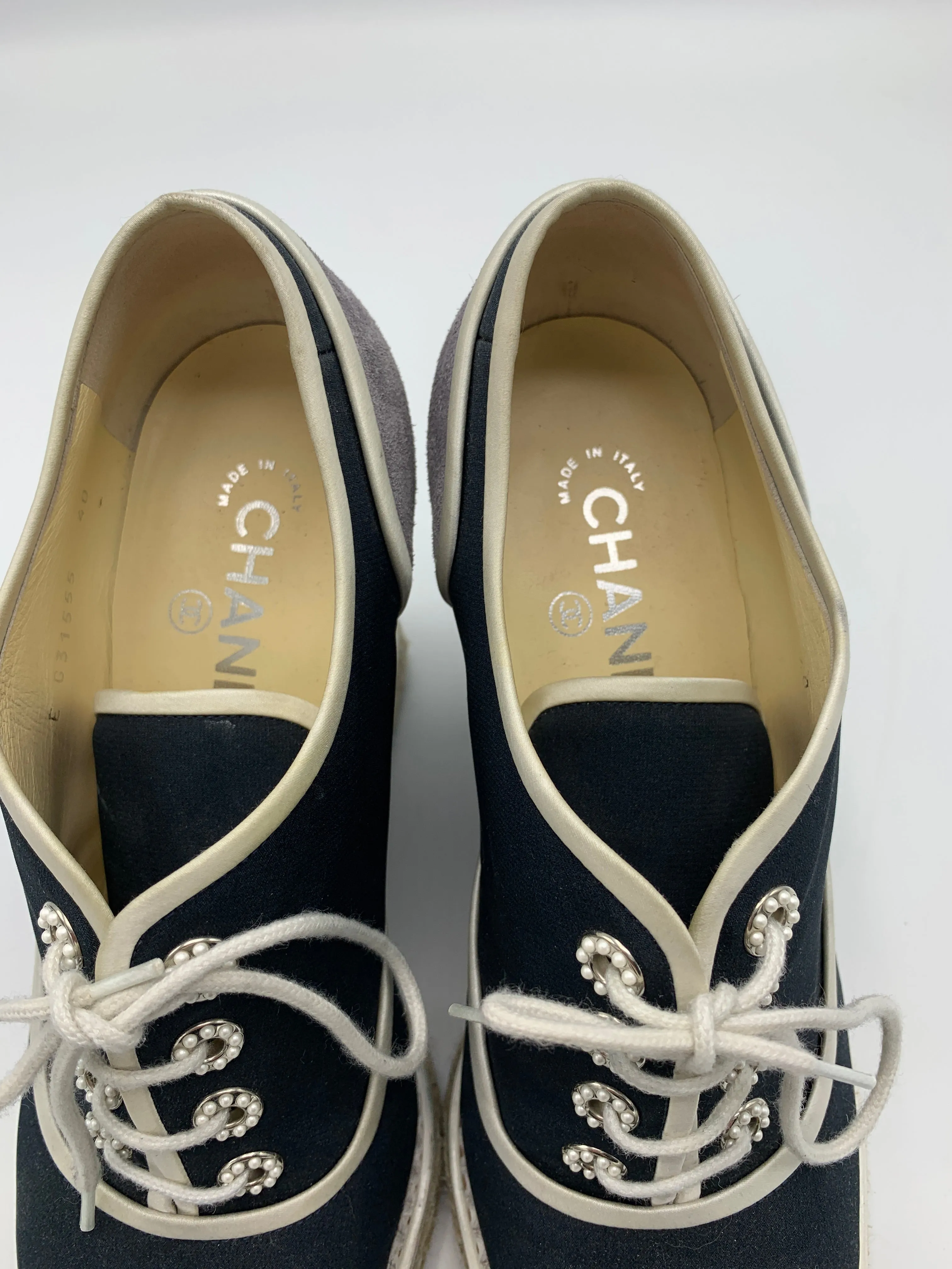 Chanel Lace Up Wedge Espadrille with faux pearl accents