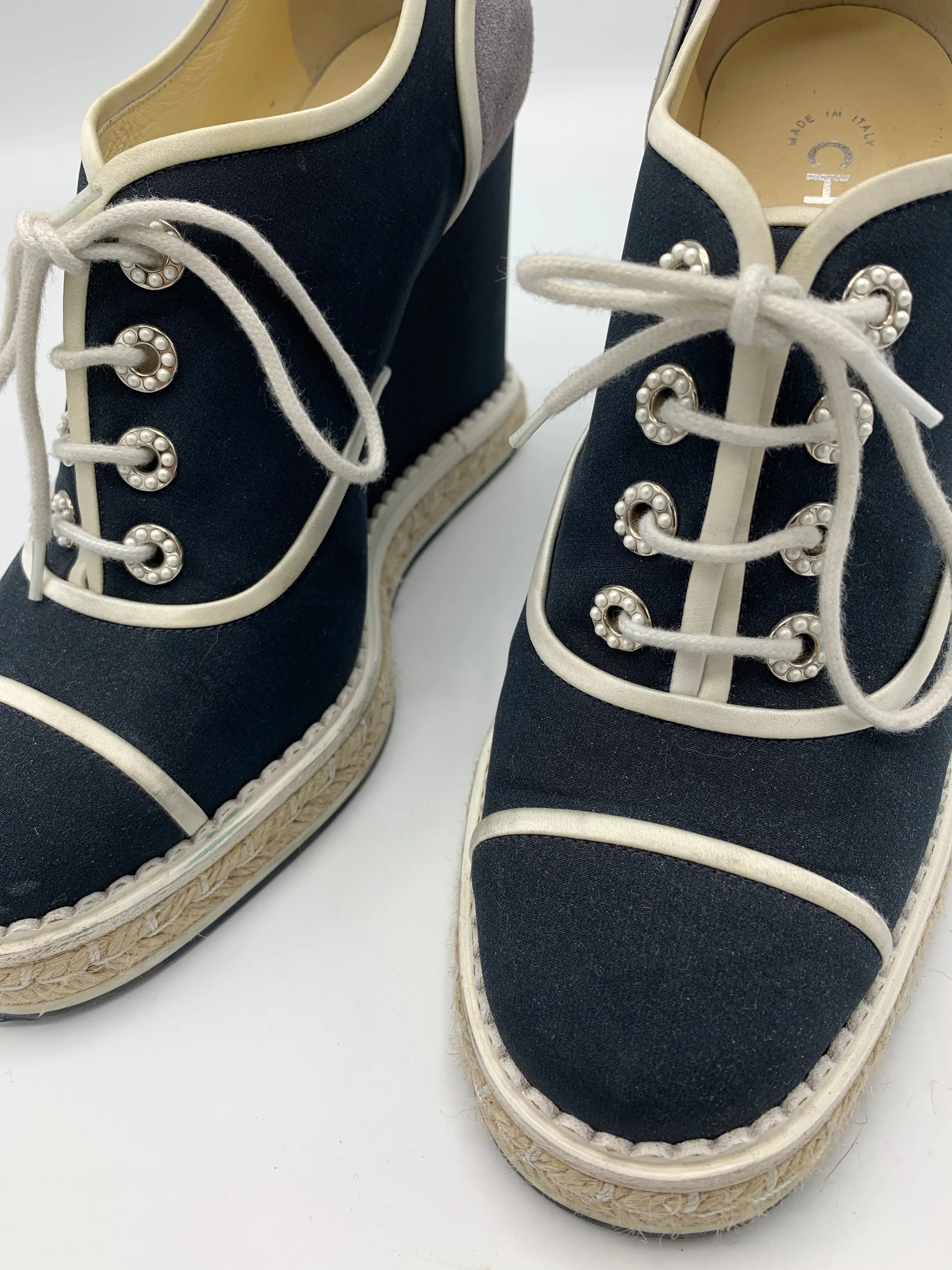 Chanel Lace Up Wedge Espadrille with faux pearl accents