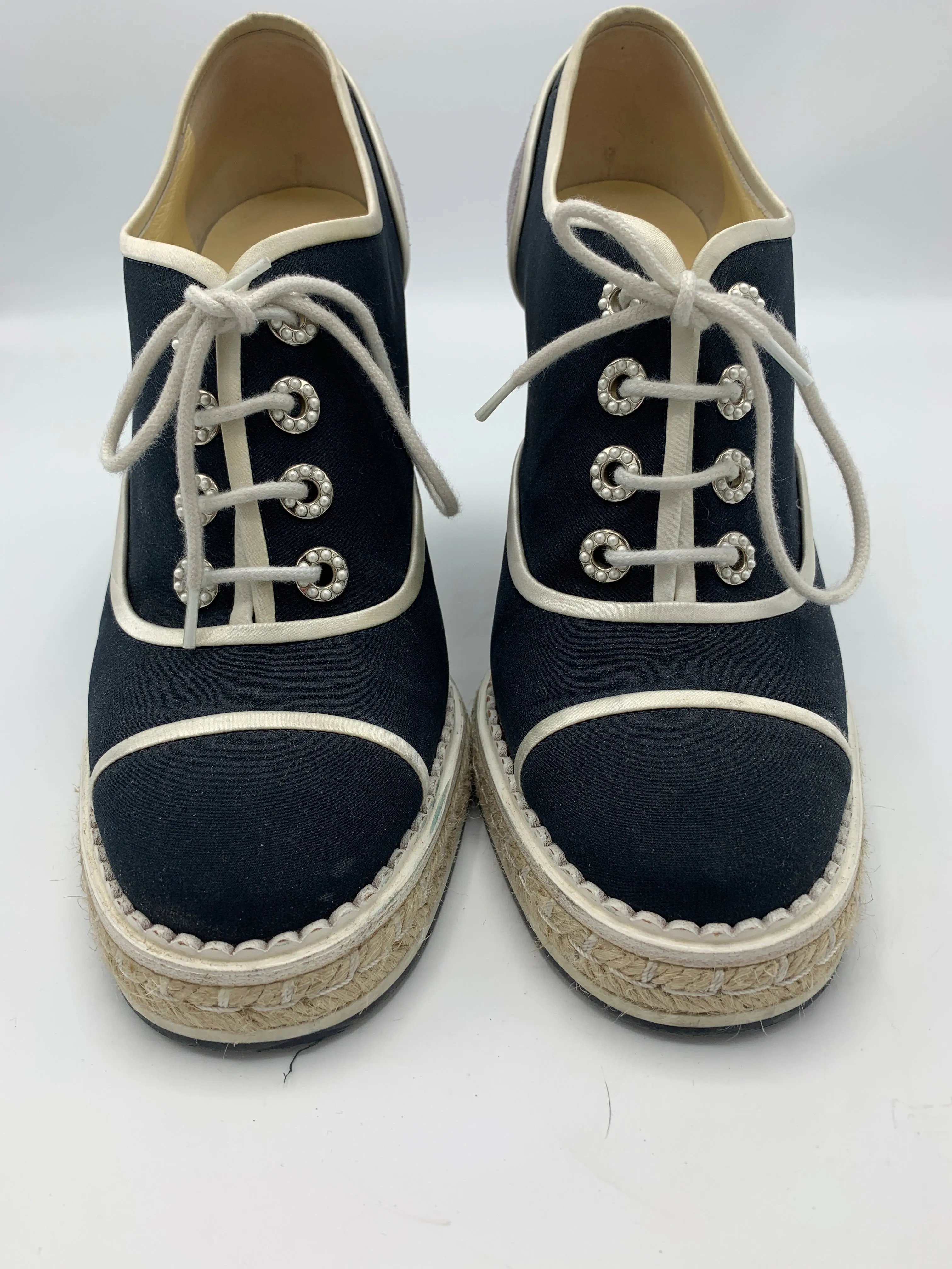 Chanel Lace Up Wedge Espadrille with faux pearl accents
