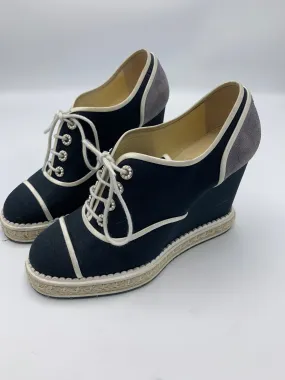 Chanel Lace Up Wedge Espadrille with faux pearl accents