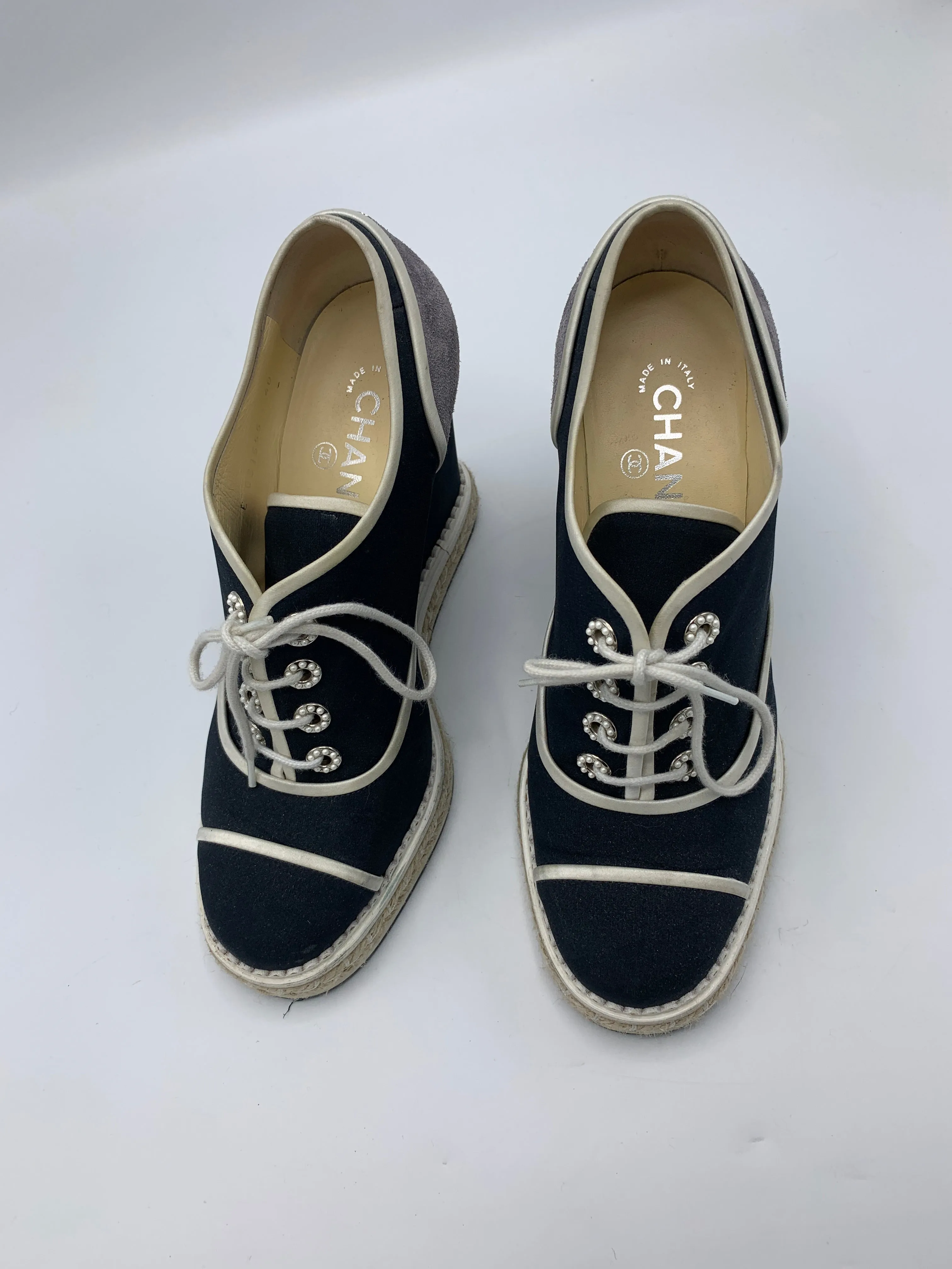 Chanel Lace Up Wedge Espadrille with faux pearl accents