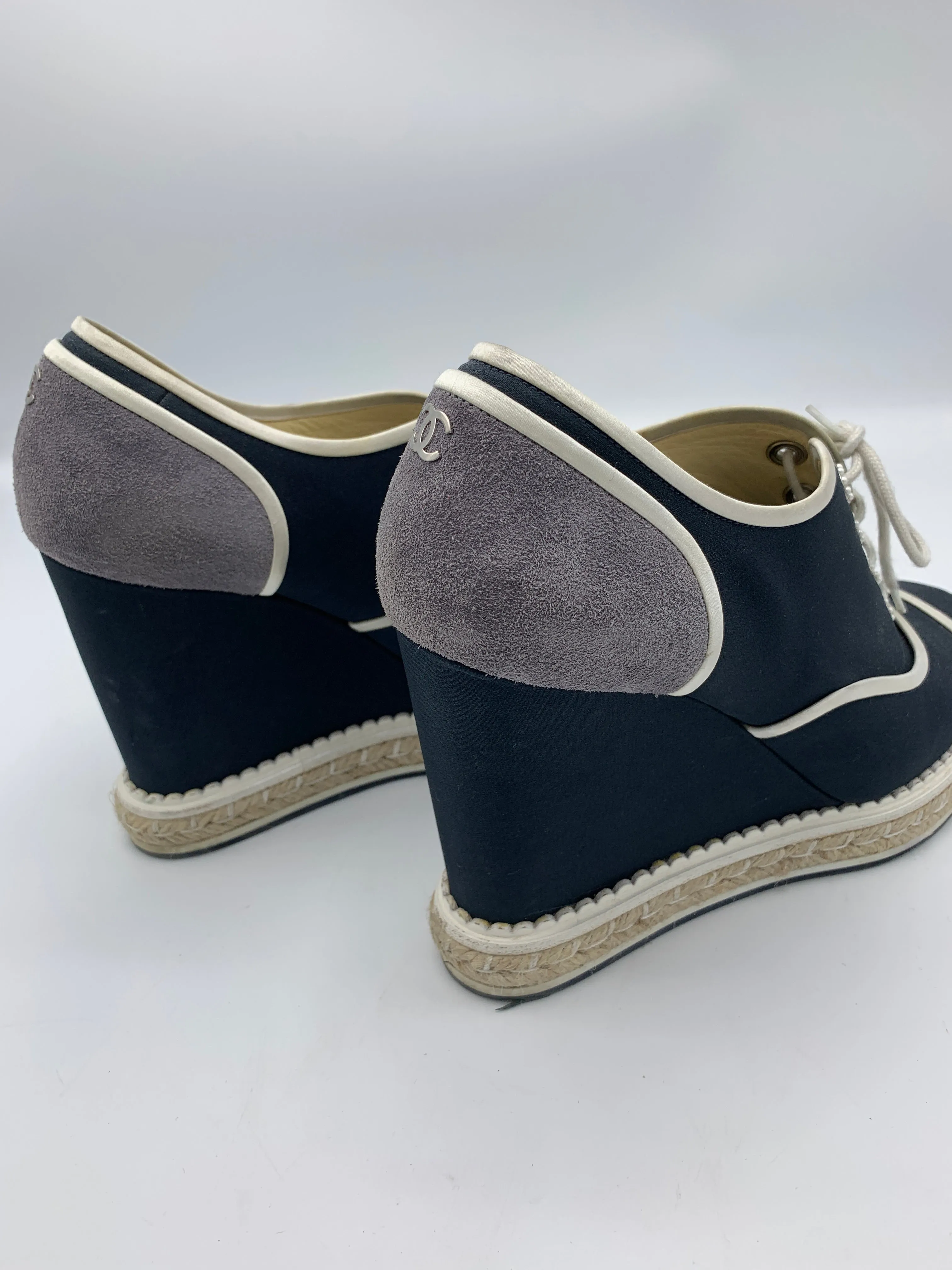 Chanel Lace Up Wedge Espadrille with faux pearl accents