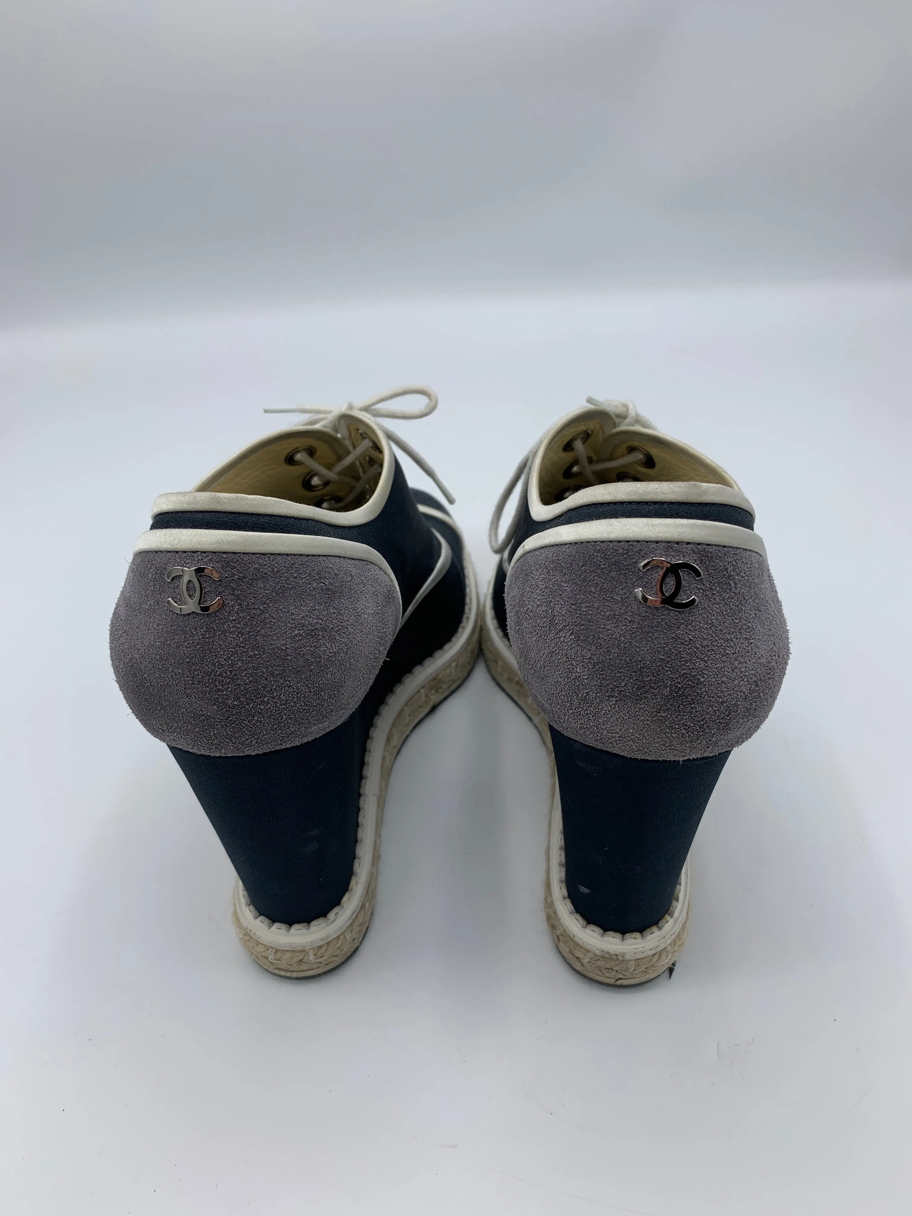 Chanel Lace Up Wedge Espadrille with faux pearl accents