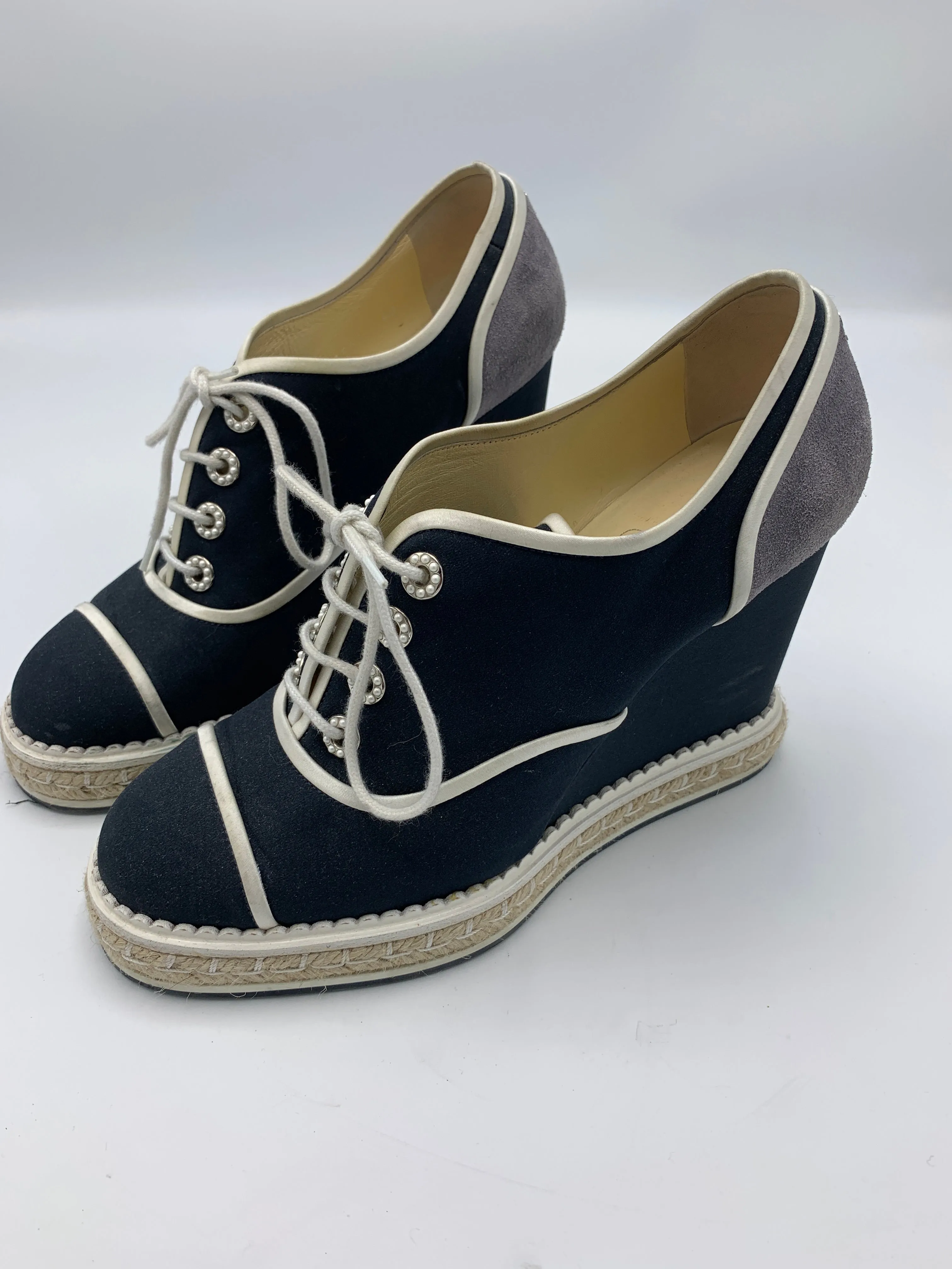 Chanel Lace Up Wedge Espadrille with faux pearl accents