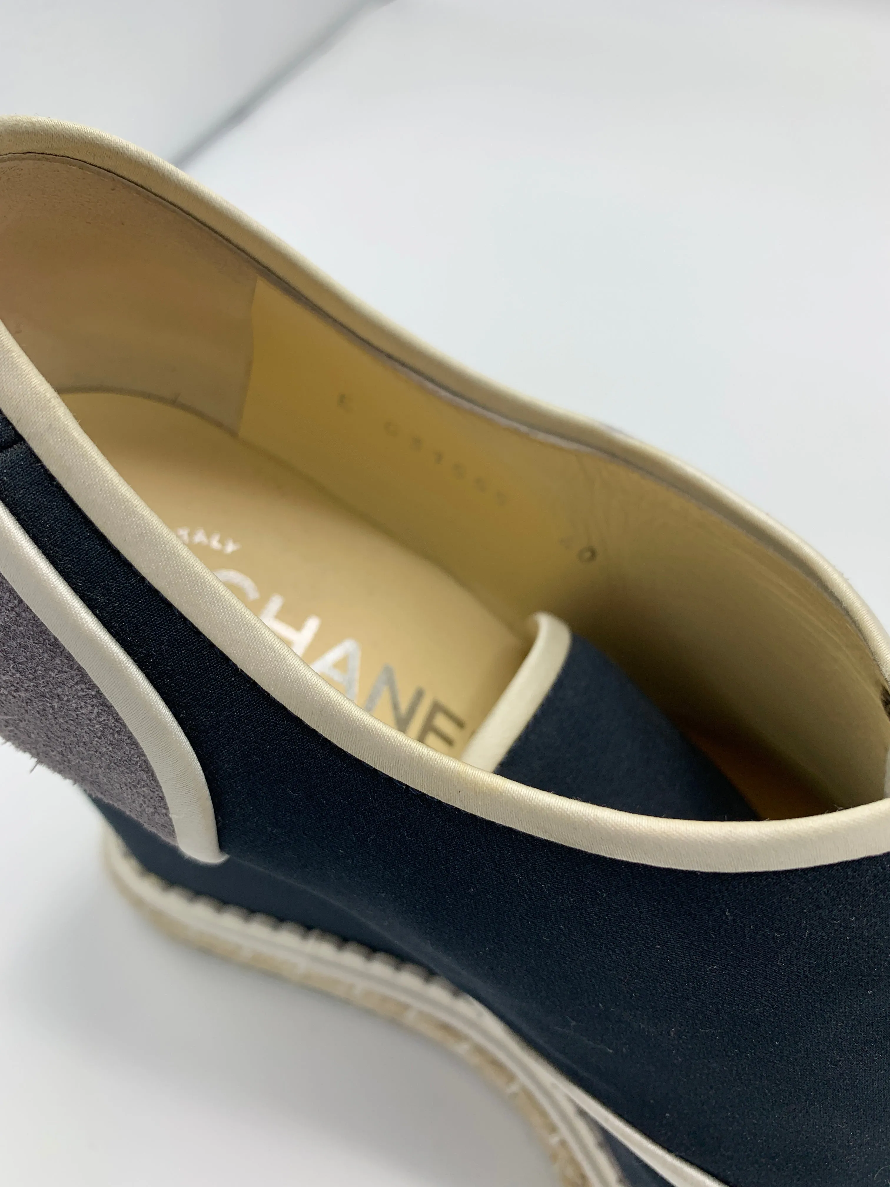 Chanel Lace Up Wedge Espadrille with faux pearl accents