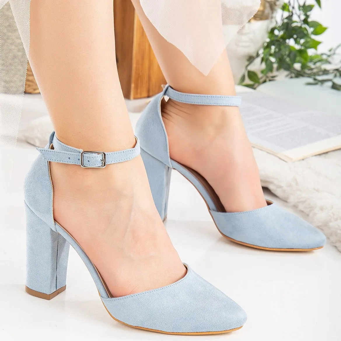 Denise - Baby Blue Suede Wedding Heels with Pearls