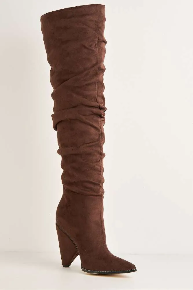 Fallon Pointy Toe Kitten Heel Rouch Over the Knee Boots in Chocolate