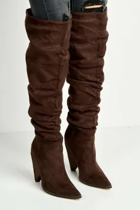 Fallon Pointy Toe Kitten Heel Rouch Over the Knee Boots in Chocolate