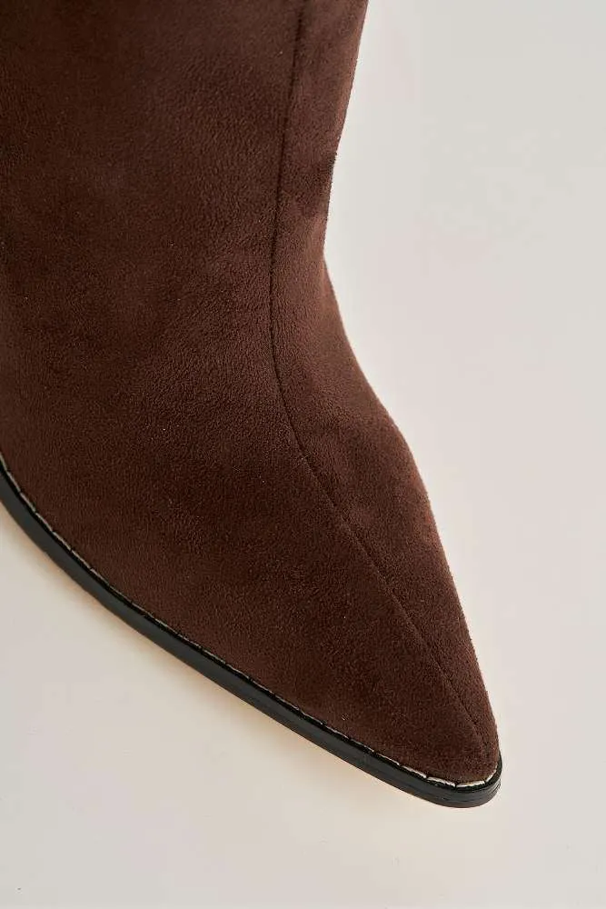 Fallon Pointy Toe Kitten Heel Rouch Over the Knee Boots in Chocolate