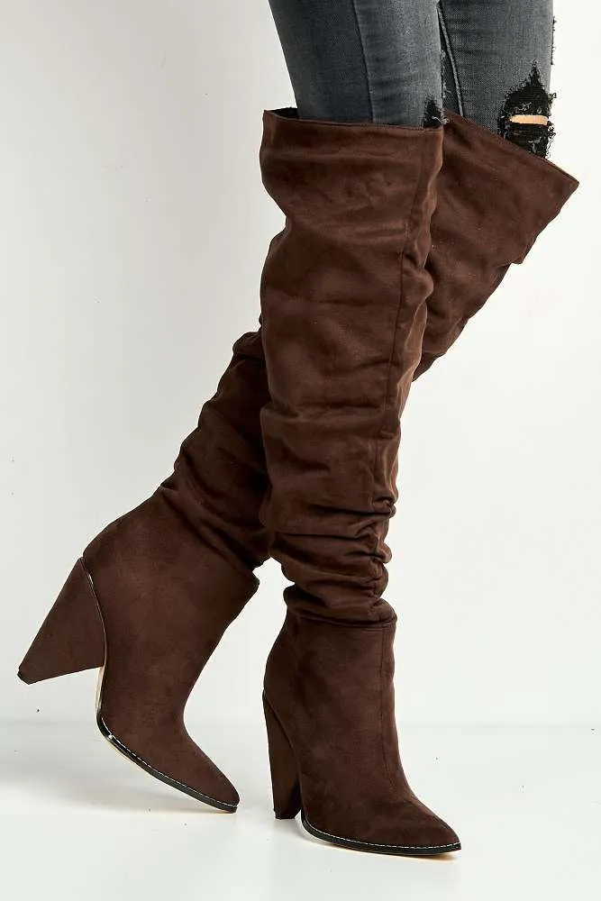 Fallon Pointy Toe Kitten Heel Rouch Over the Knee Boots in Chocolate