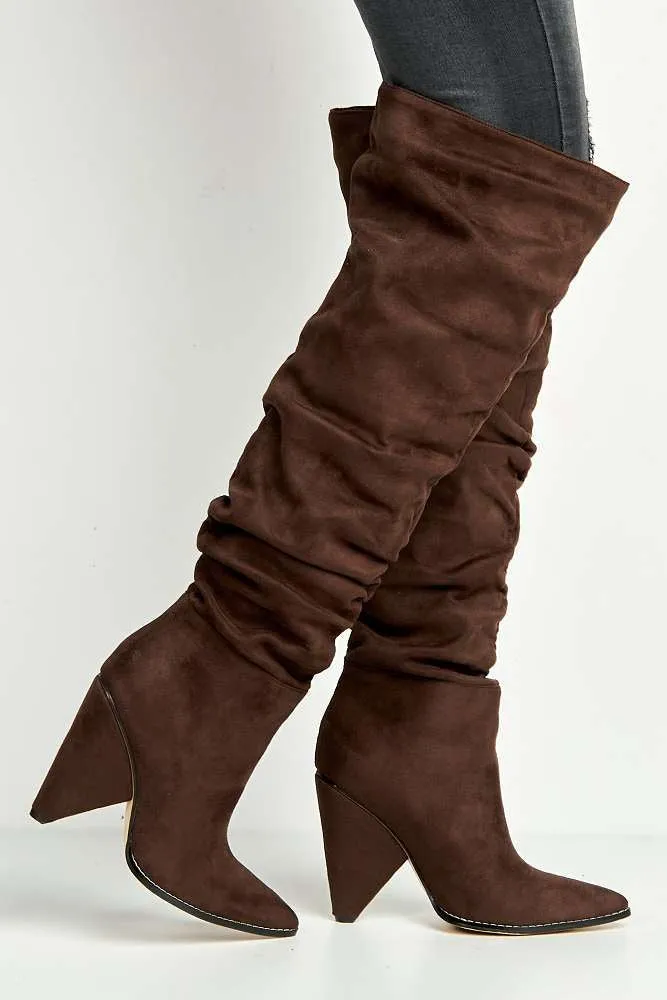 Fallon Pointy Toe Kitten Heel Rouch Over the Knee Boots in Chocolate
