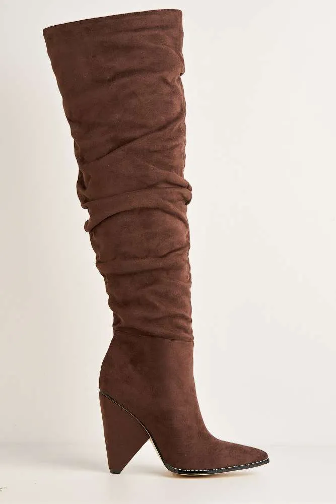 Fallon Pointy Toe Kitten Heel Rouch Over the Knee Boots in Chocolate