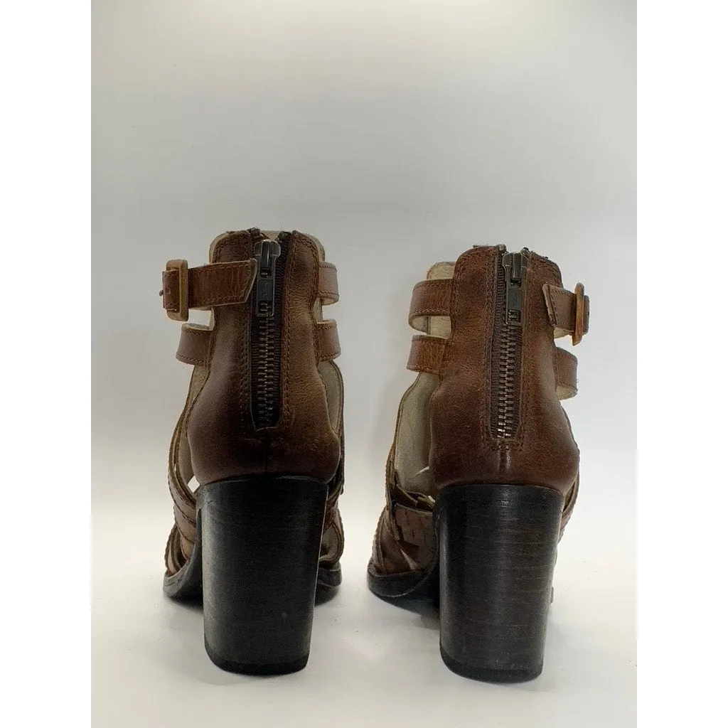 FREEBIRD Women's Brown Leather Strappy Claw Peep-Toe Stacked-Heel Sandals SZ 7