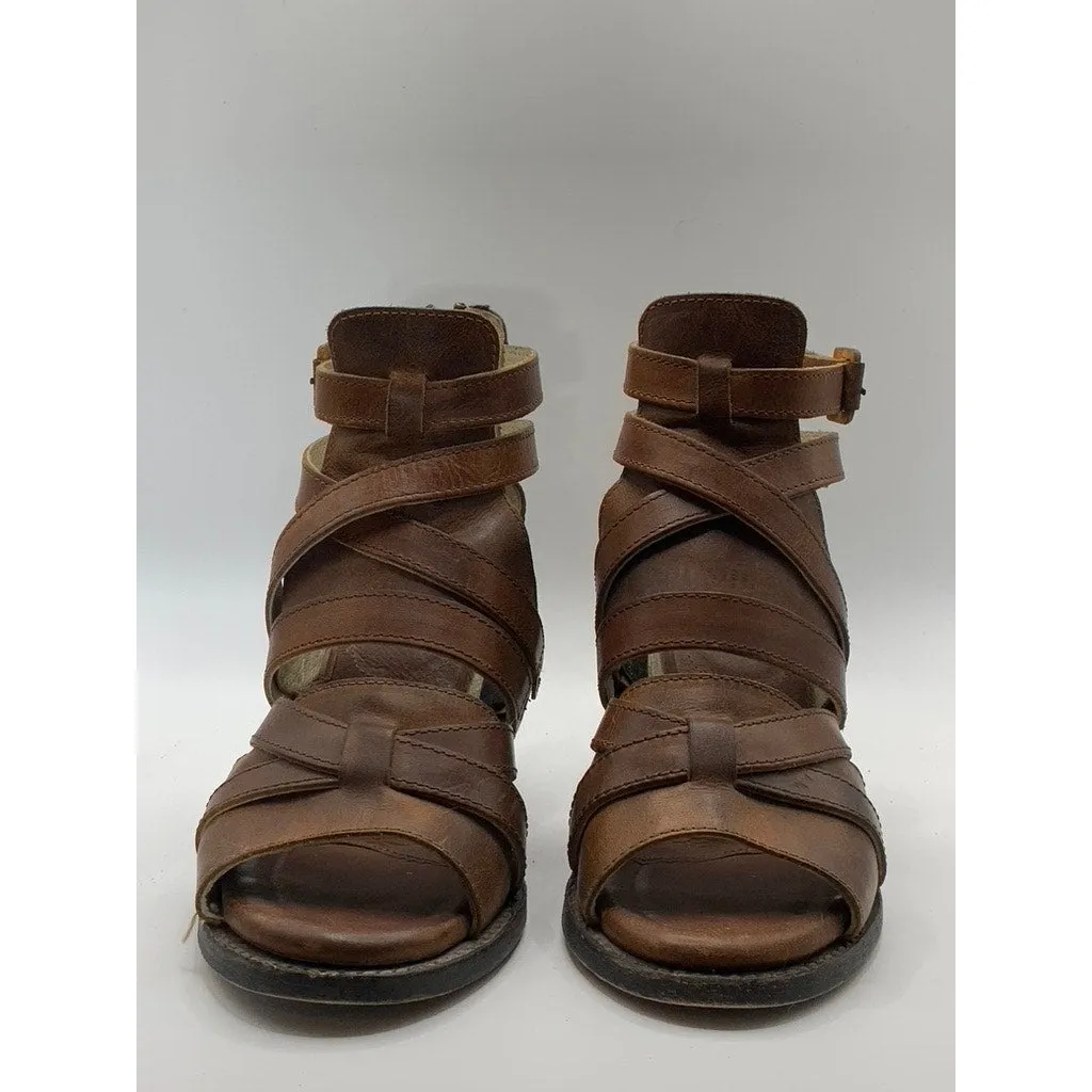 FREEBIRD Women's Brown Leather Strappy Claw Peep-Toe Stacked-Heel Sandals SZ 7