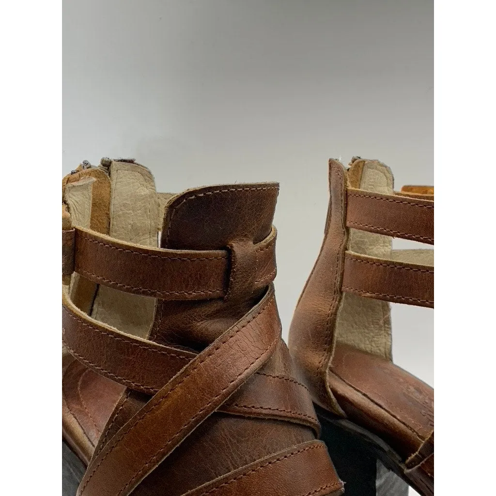 FREEBIRD Women's Brown Leather Strappy Claw Peep-Toe Stacked-Heel Sandals SZ 7
