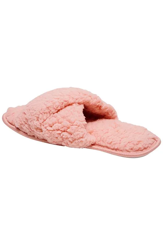 Loungeable Glamorous Soft Faux Fleece Fur Peeptoe Mule Slippers with Non-Slip Hard Sole Grey / Pink