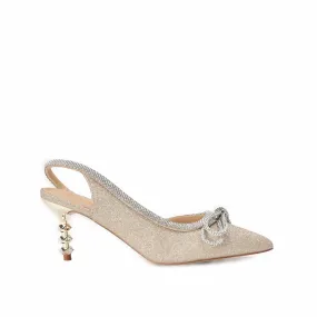 Luxurious Gold Glitter Slingback Heels with Rhinestone Bow | 469L-X