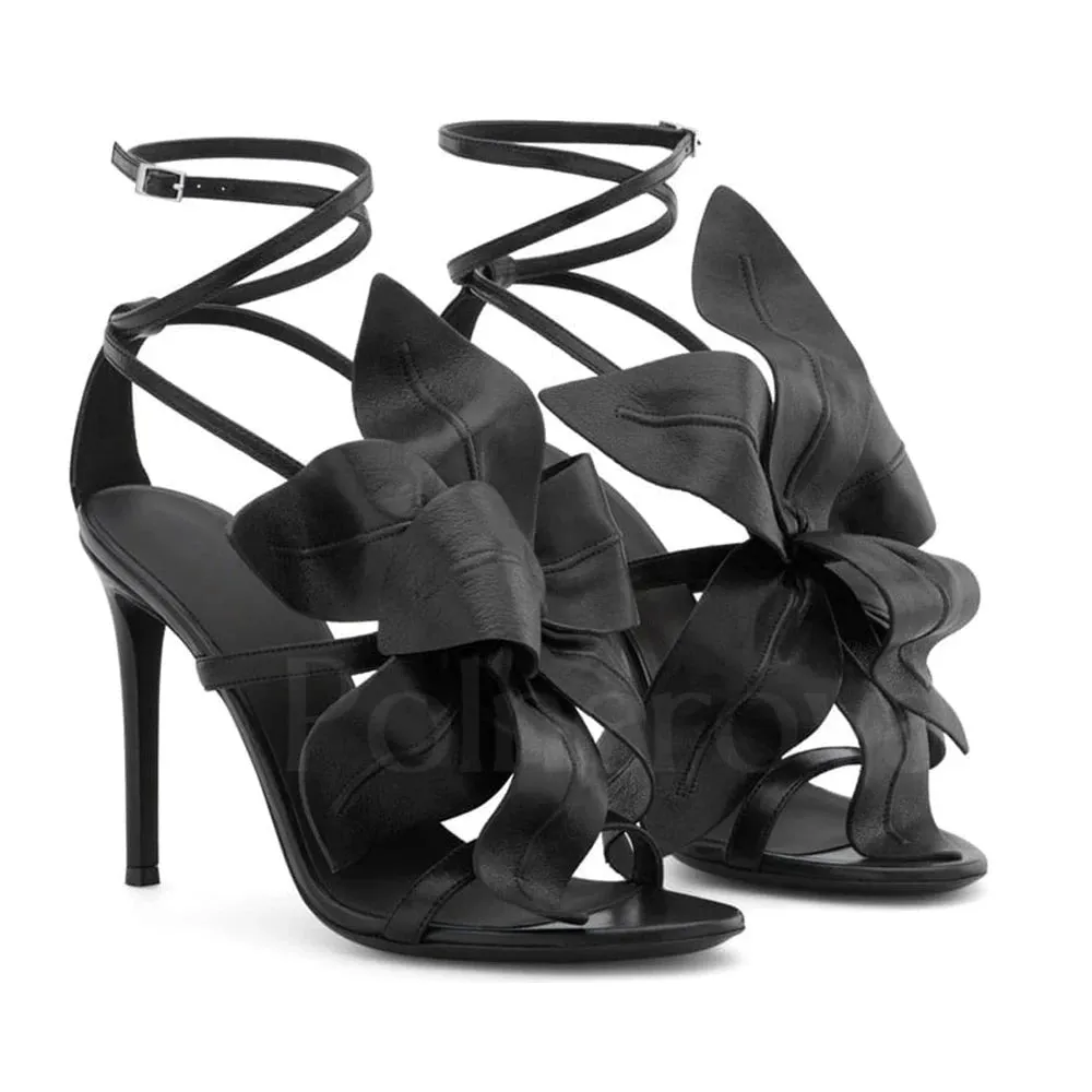Luxurious Handmade Leaves Floral Leather Stiletto Heels