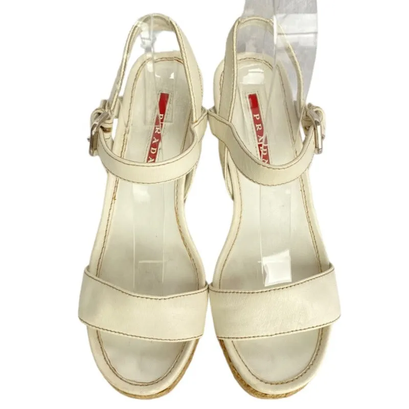 PRADA White Leather Ankle Strap Espadrille Wedge Sandals, Size 36.5