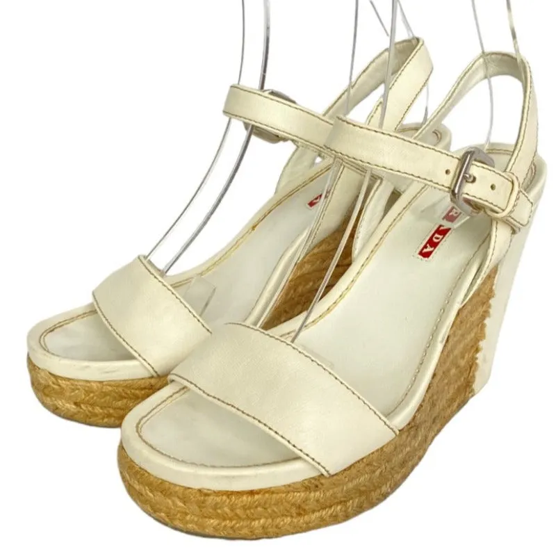 PRADA White Leather Ankle Strap Espadrille Wedge Sandals, Size 36.5