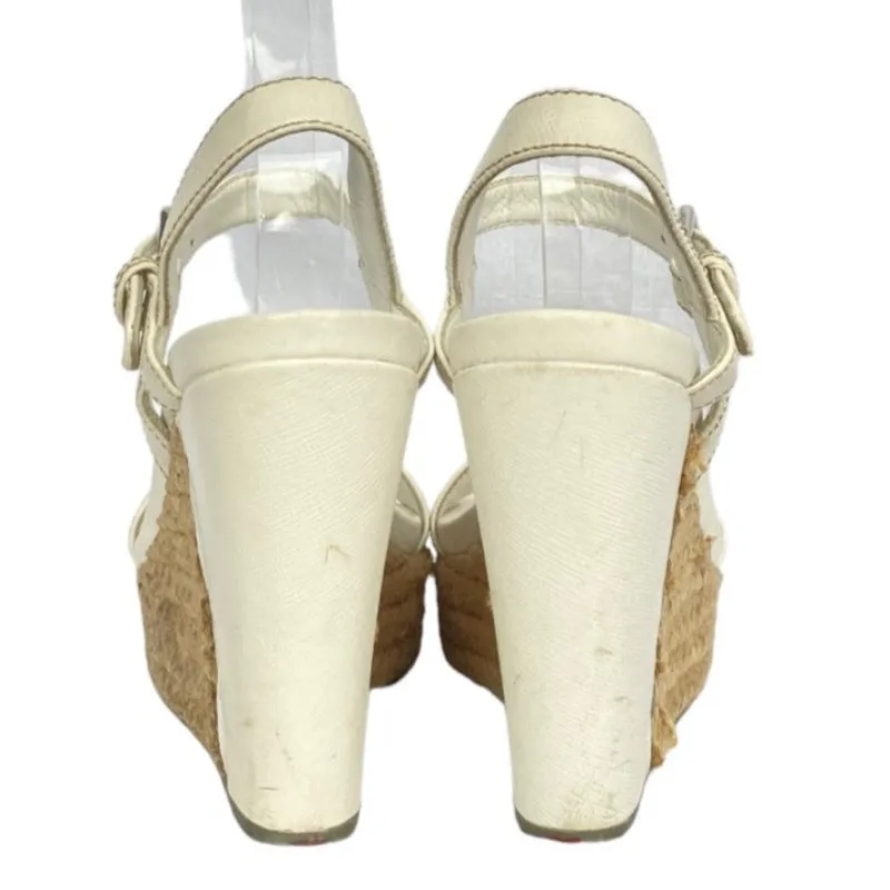 PRADA White Leather Ankle Strap Espadrille Wedge Sandals, Size 36.5