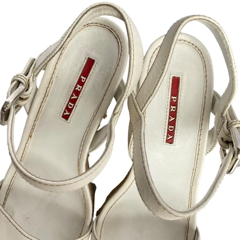 PRADA White Leather Ankle Strap Espadrille Wedge Sandals, Size 36.5