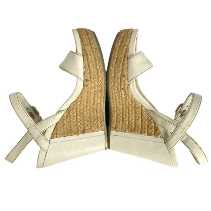 PRADA White Leather Ankle Strap Espadrille Wedge Sandals, Size 36.5