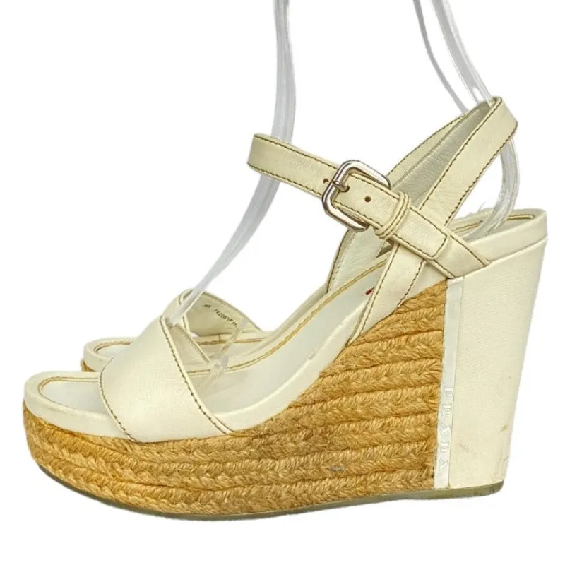 PRADA White Leather Ankle Strap Espadrille Wedge Sandals, Size 36.5