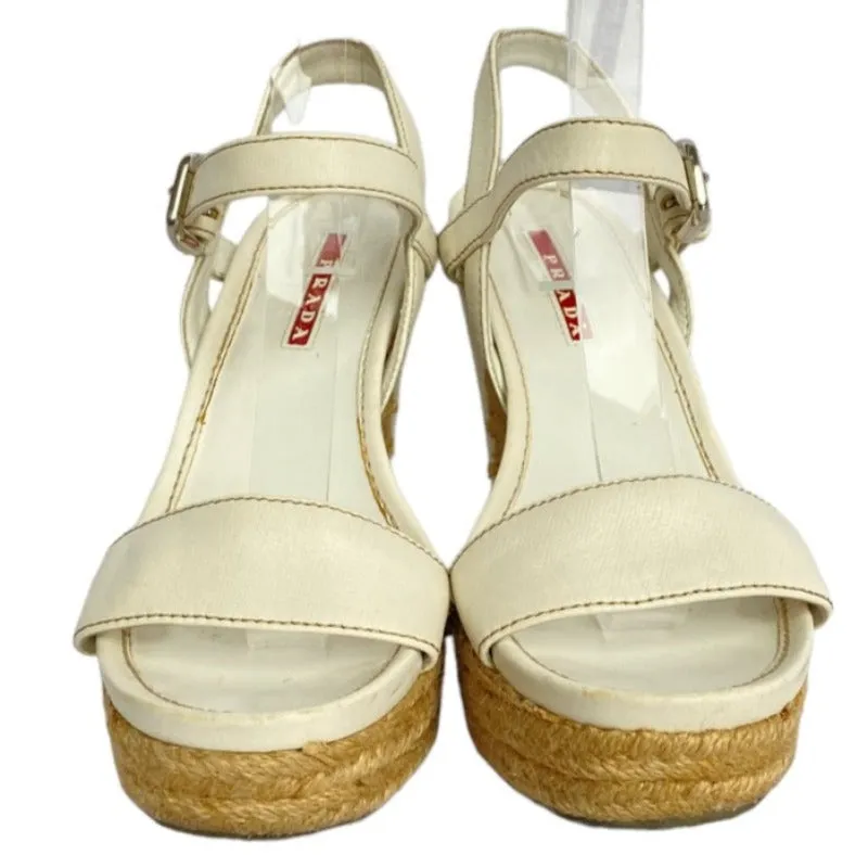 PRADA White Leather Ankle Strap Espadrille Wedge Sandals, Size 36.5