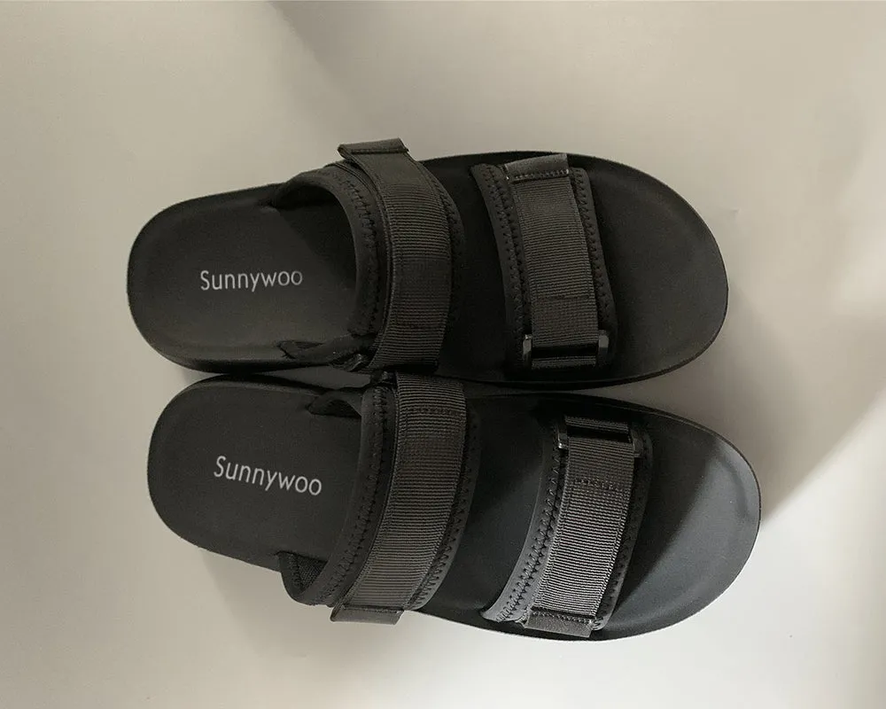 Sunnywoo slippers, men's flat sandals, suitable for men and women, black