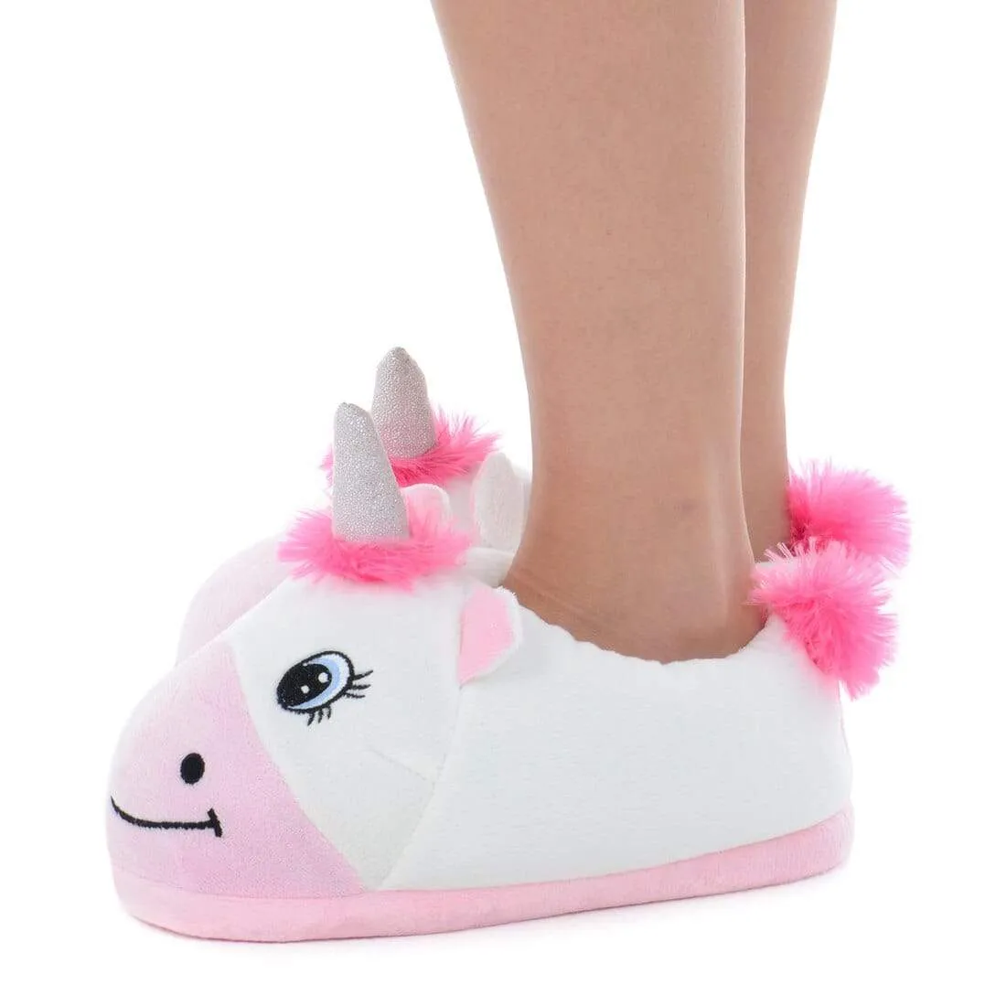 Women's Novelty Unicorn Slippers Pink & White Plush Slip On